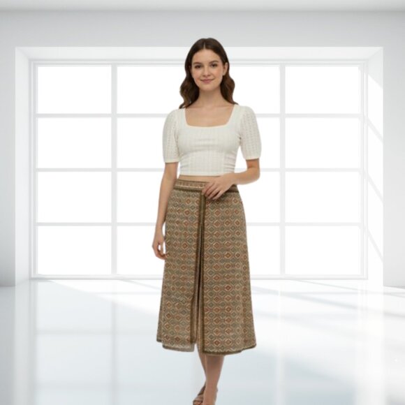 Intriguing Threads Vintage-Inspired Geometric Pleated Midi Skirt Sz 6 Lined Boho - Picture 1 of 13